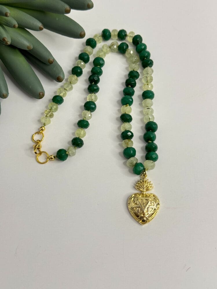 Emerald Jade & Faceted Prehnite with Sacred Heart Charm