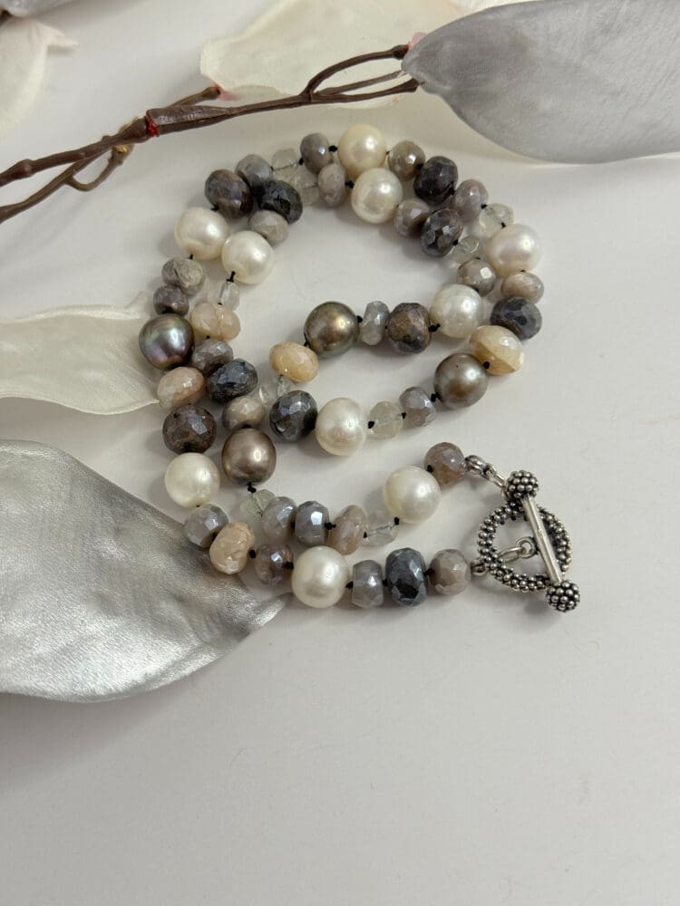 Moonstones with White and Grey Freshwater Pearls & Sterling Silver Clasp