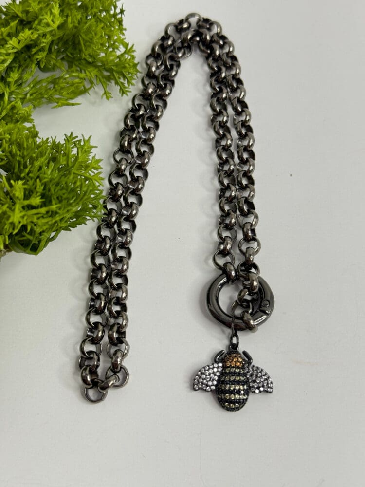Bee Charm Necklace with Steel and Brass Black Chain