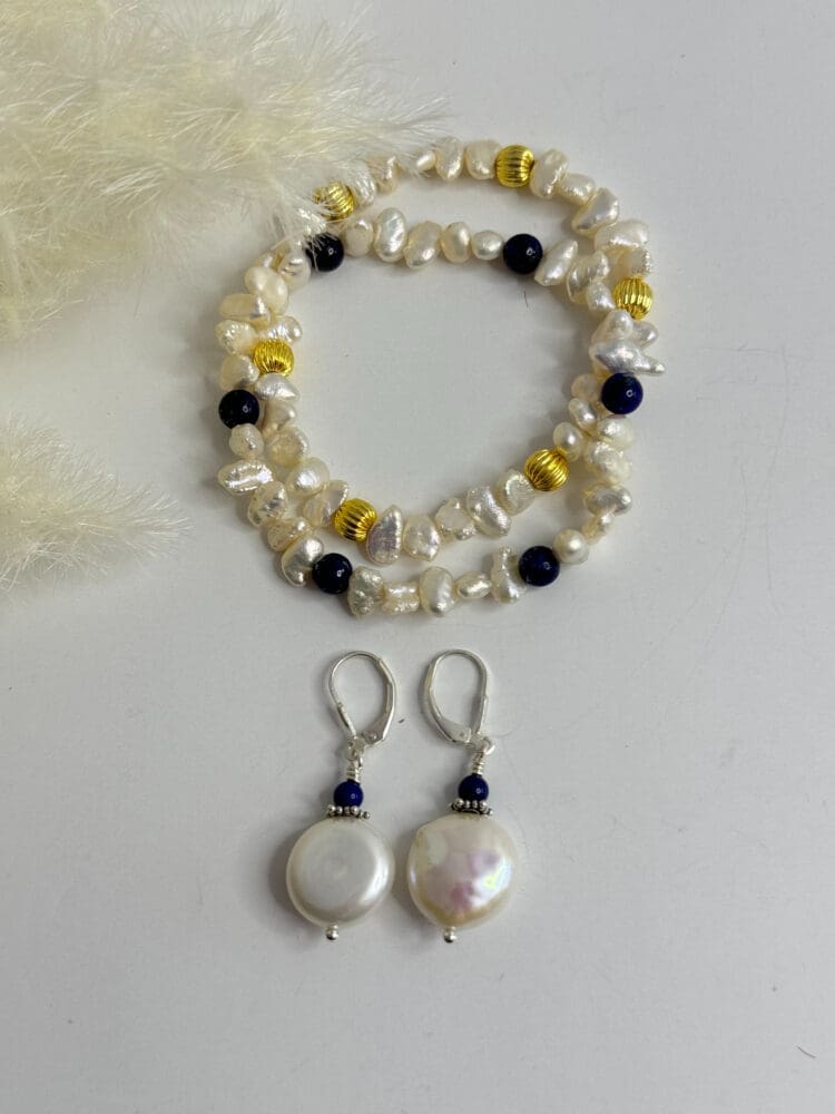 Fresh Water Pearls with Iolite and 18 Karat Gold Brass