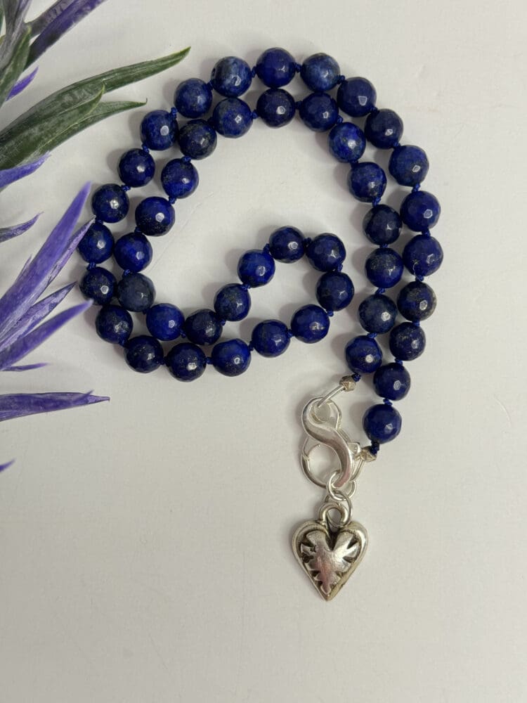 Faceted Lapis Luzuli Silk Knotted with Silver Sterling Clasp and Heart Pendant