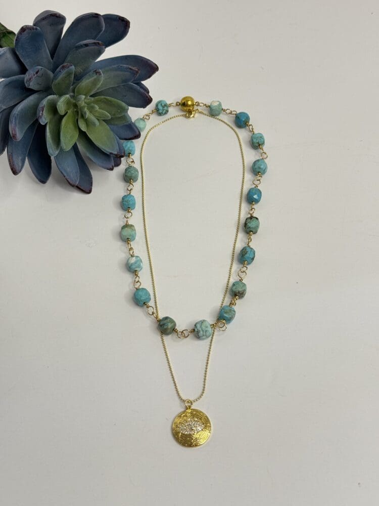 Turquoise Wire Wrap with Gold Filled Chain and Micro Pave Evil Eye Pendant