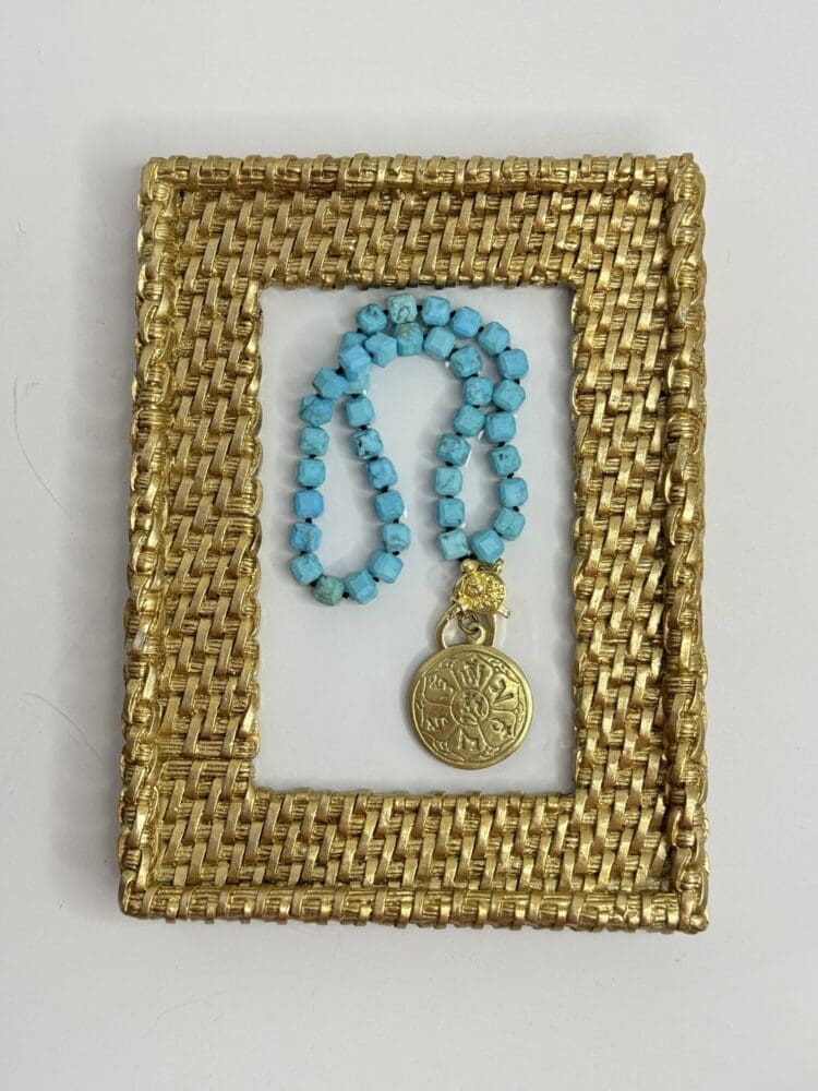Turquoise Silk Knotted with Tibetan Medallion and High Quality Lobster Clasp