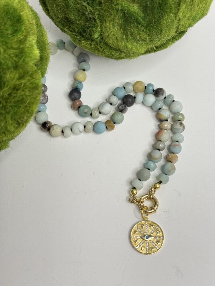 Amazonite, Silk Knotted with Micro Pave Evil Eye Pendant