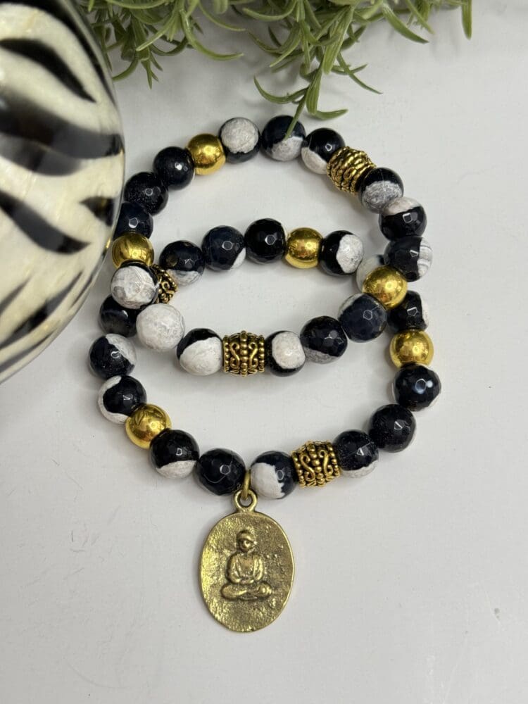 Black & White Fire Agate with Gold Beads and Tibetan Charm