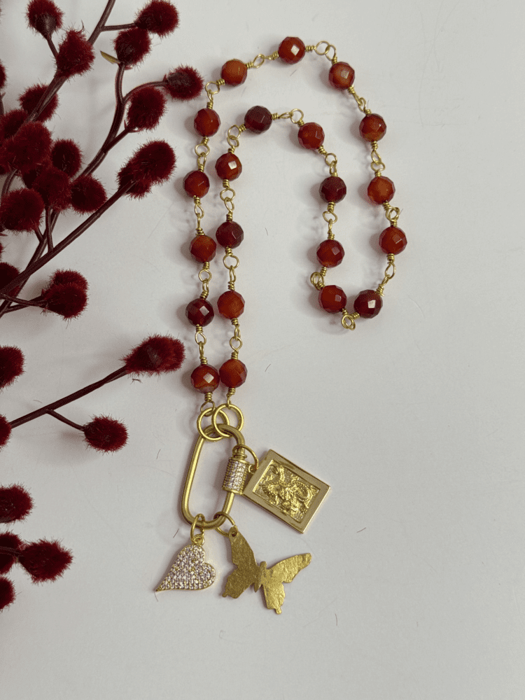 Carnelian with Dragon Butterfly and Micro Pave Heart & Carabiner Clasp
