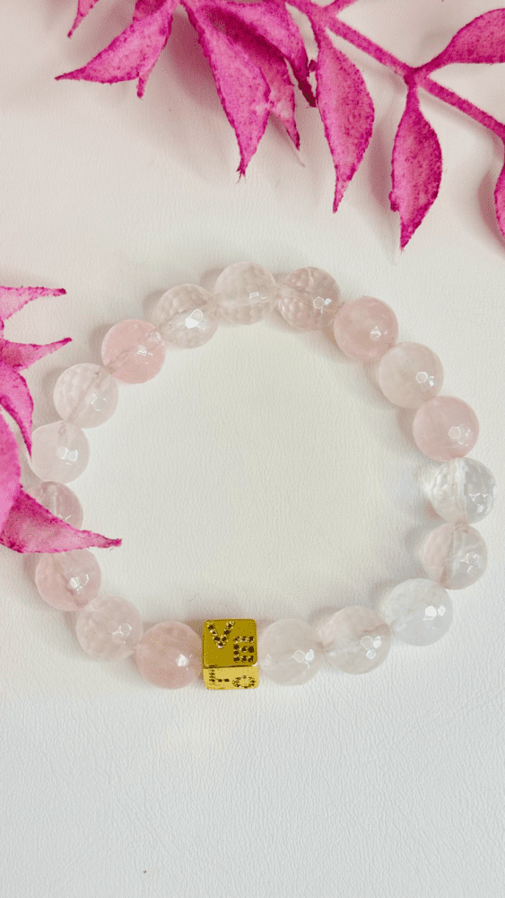 Rose Quartz with Love Gold Square Charm