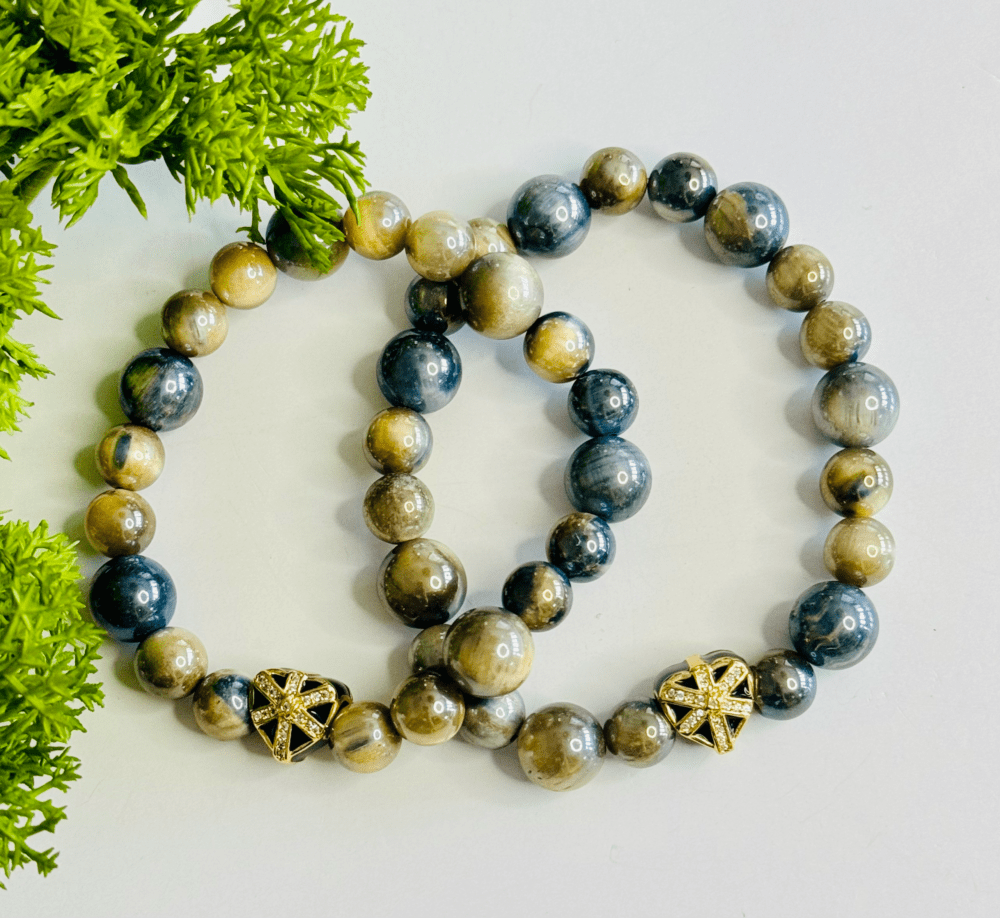 Mystic Plated Silverite Tiger Eye with Black Heart Beads