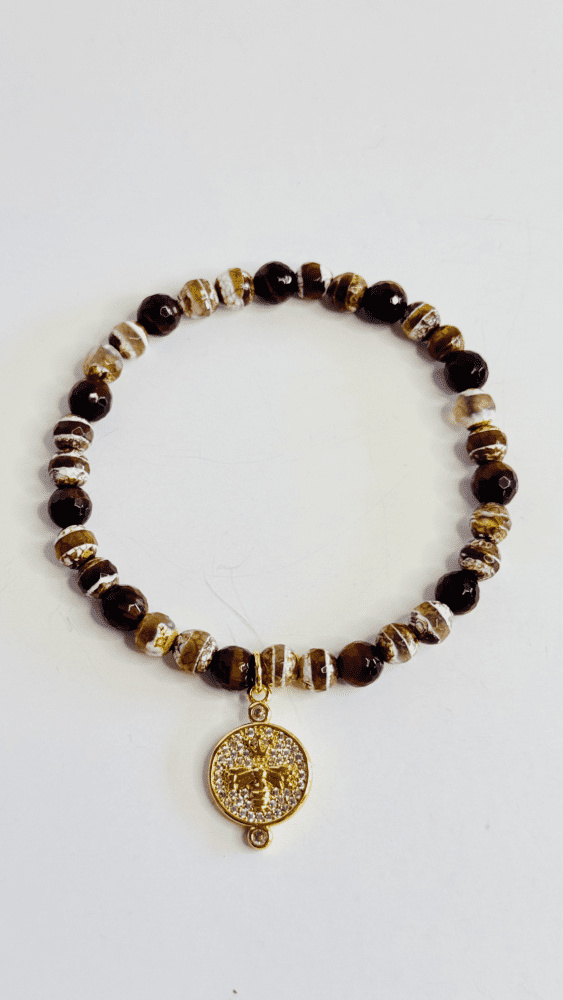 Tibetan DZI Agate with Gold Bee Charm
