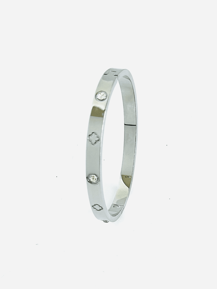 Silver Stainless Steel Bangle Bracelet with CZ Station