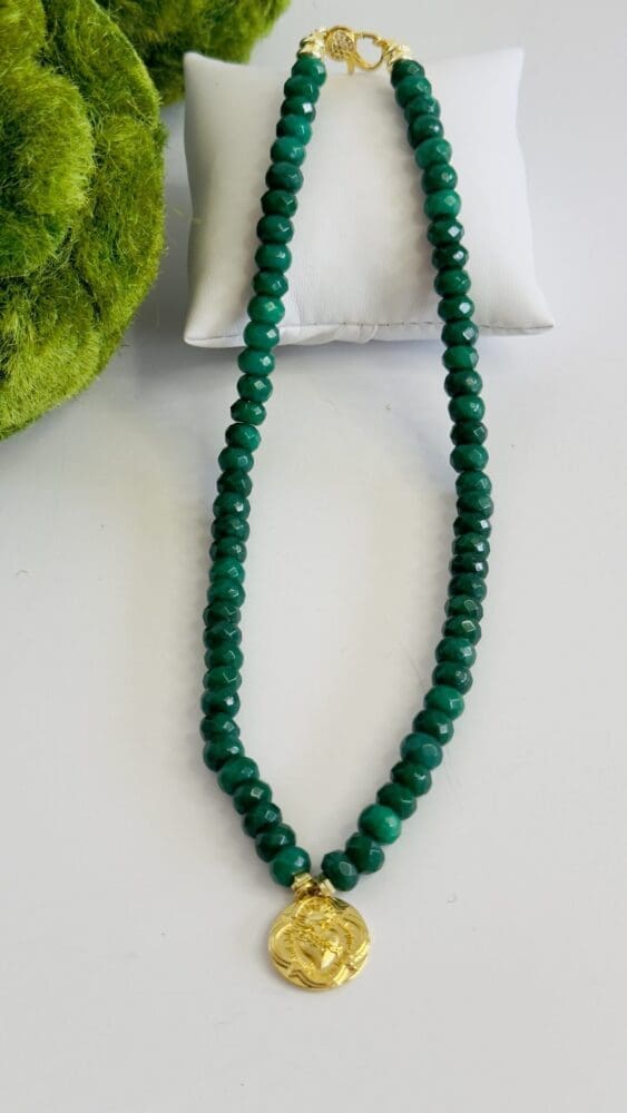 Emerald Jade with Sacred Heart Charm & Lobster Clasp