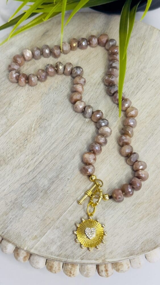Plated Moonstone, Silk Knotted with Micro Pave Heart Charm