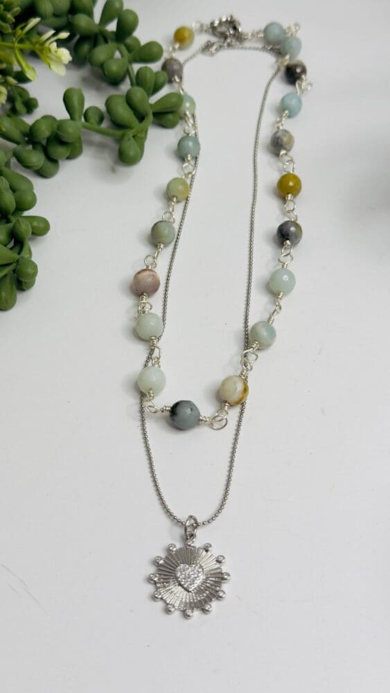 Amazonite, Wire Wrap with Separate Ball Adjustable Chain with Micro Heart Charm
