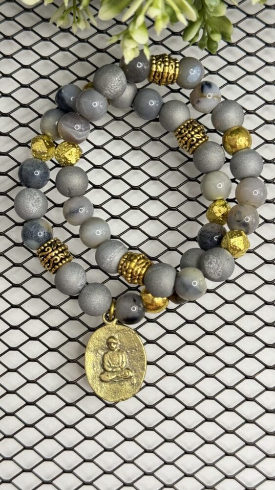 Plated Agate/Agate with Gold Beads and Tibetan Charm