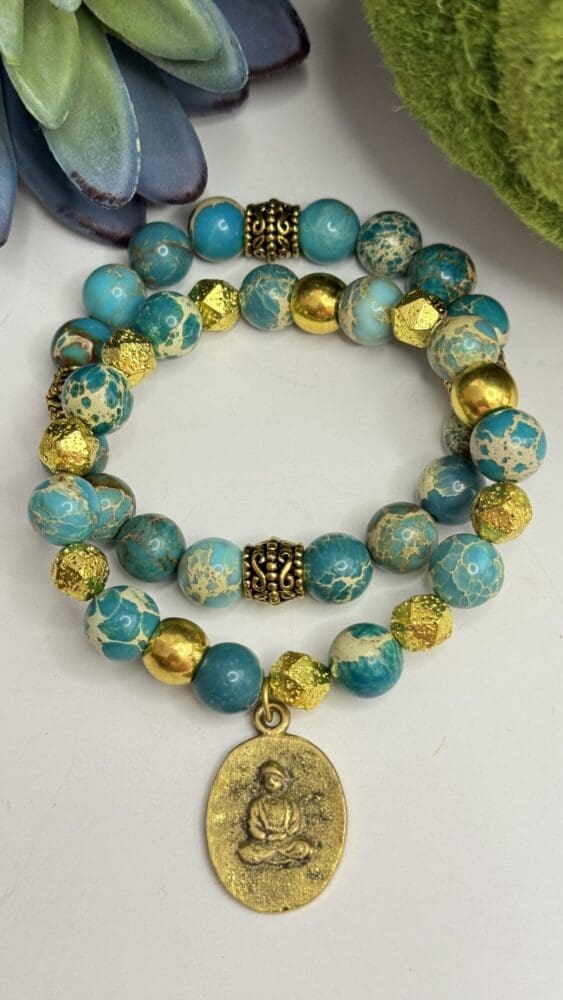 Blue Jasper with Plated Hematite & Gold Beads with Tibetan Charm