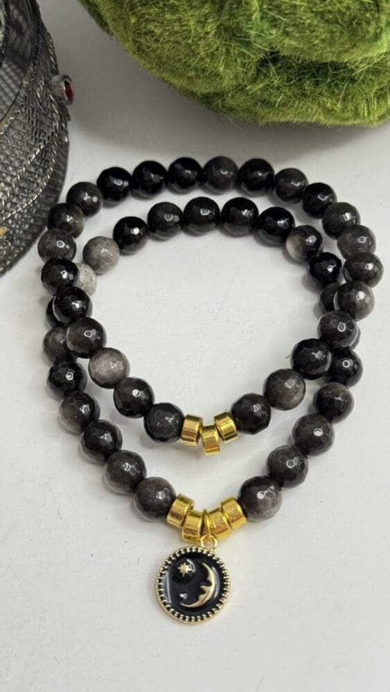 Silver Obsidian with Gold Beads & Black and Gold North Star Charm
