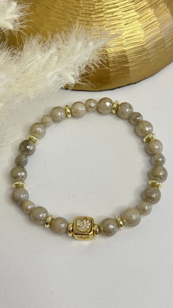 Brown Cream White Agate & Gold Square with Pave Heart