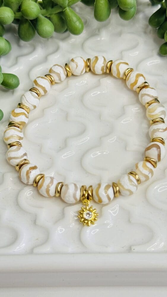DZI Agate Tan Ware and Gold Spacers with Gold Star & Crystal Embedded Charm