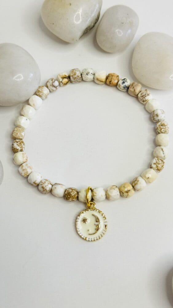 White Agate with Gold & White Moon/Star Charm