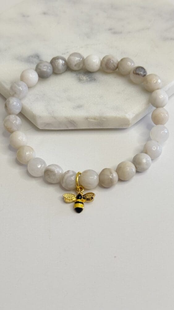 White Lace Agate with Gold Bee Charm