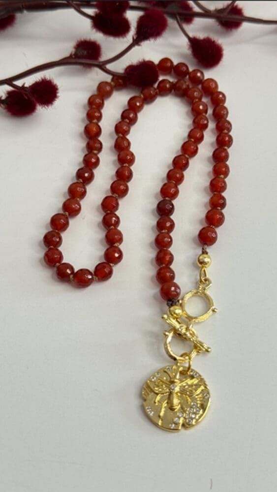 Faceted Carnelian, Silk Knotted with Micro Pave Bee Pendant