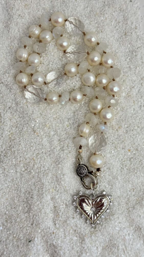 Fresh Water Pearl/Faceted Moonstone, Silk Knotted with Micro Pave Heart Pendant & Pave Lobster Clasp