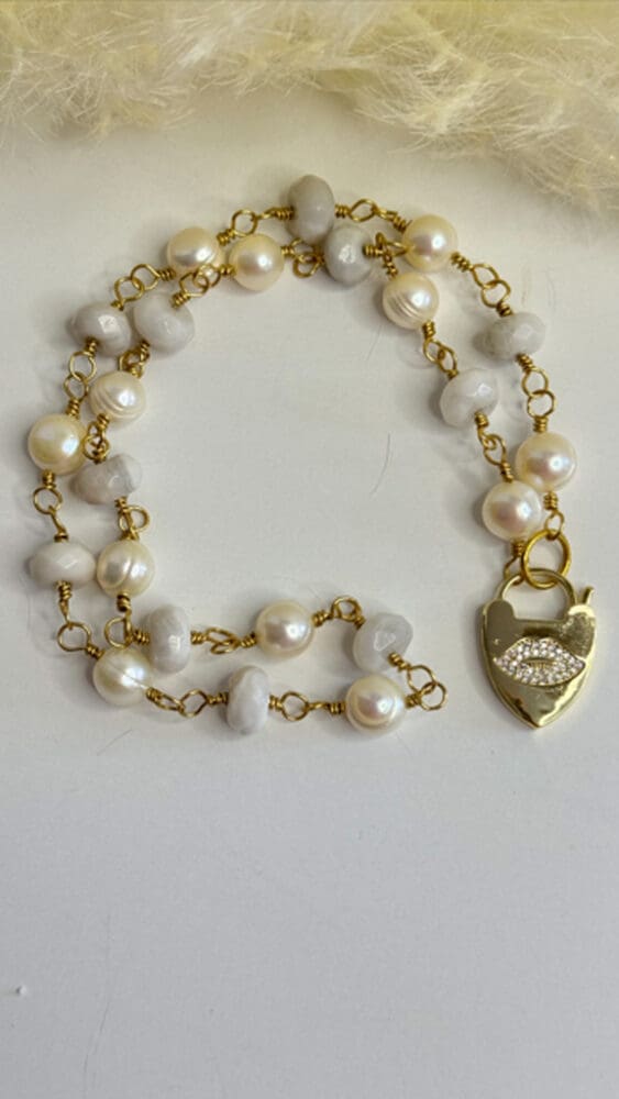 White Lace Agate/Freshwater Pearl, Wire Wrapped with Micro Pave Heart Lock Charm