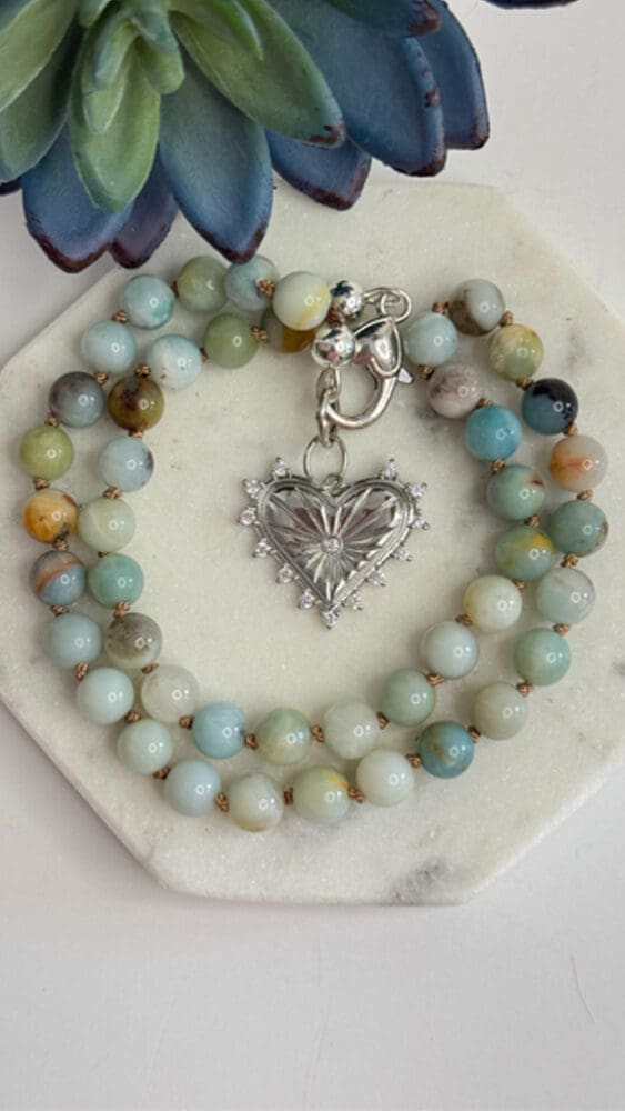 Amazonite, Silk Knotted with Micro Pave Heart Pendant