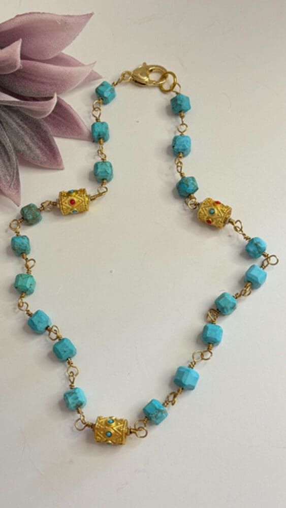 Turquoise, Silk Knotted with Gold Enamel Beads