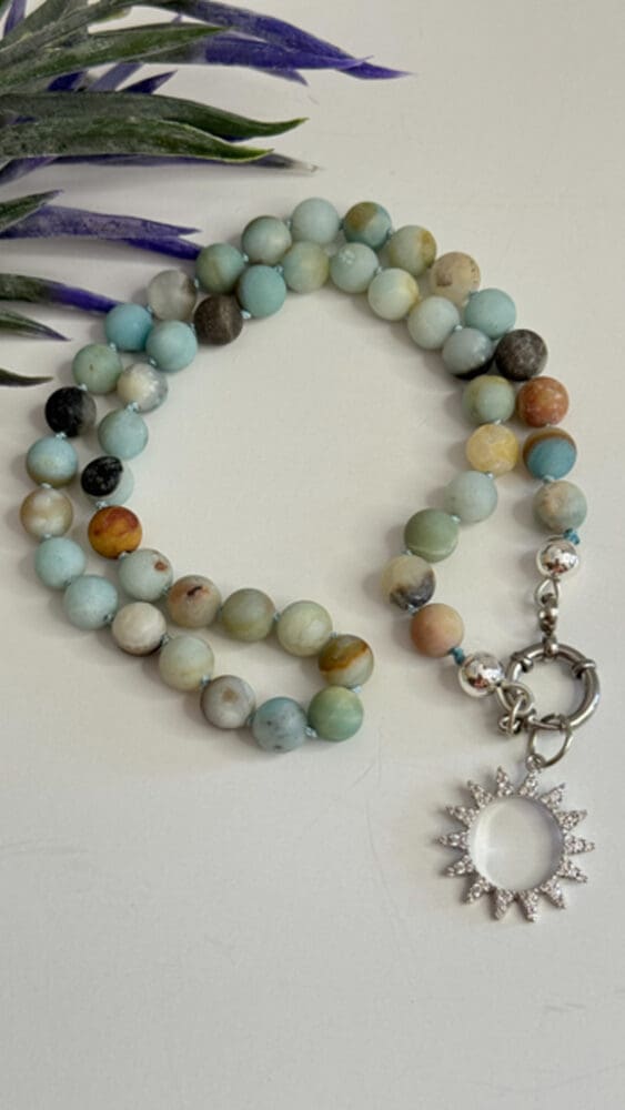 Matte Amazonite, Silk Knotted with Detachable Micro Pave Sun Charm