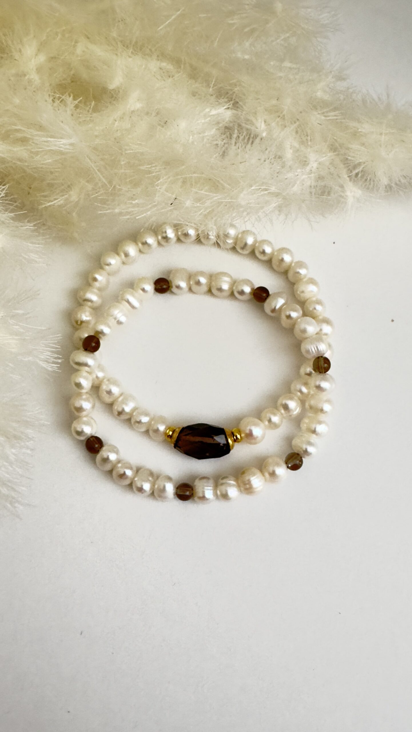 Double Bracelet - Smoky quartz & freshwater pearls