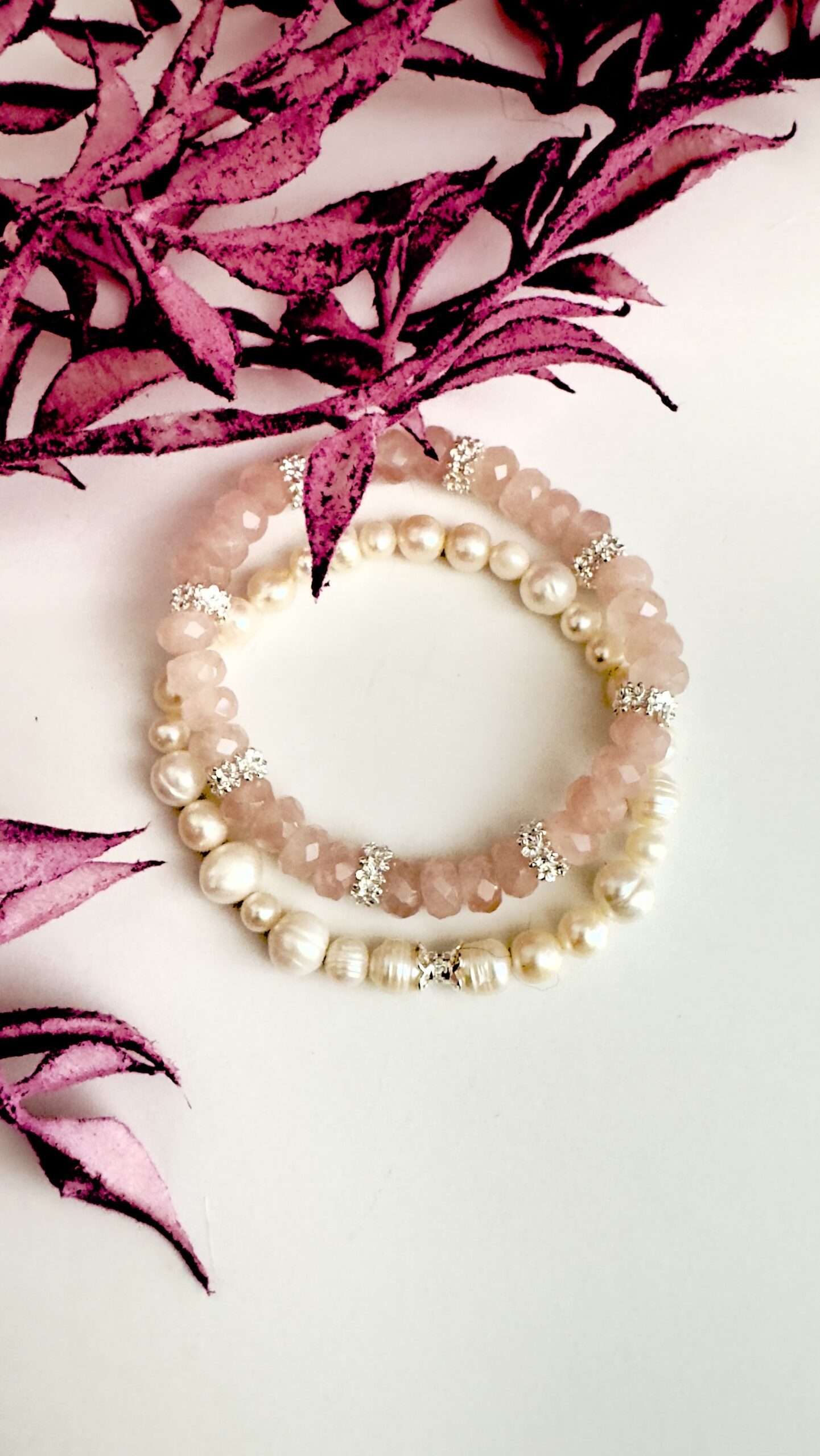 Double Bracelet - Rose Quartz w/silver spacers Freshwater pearls