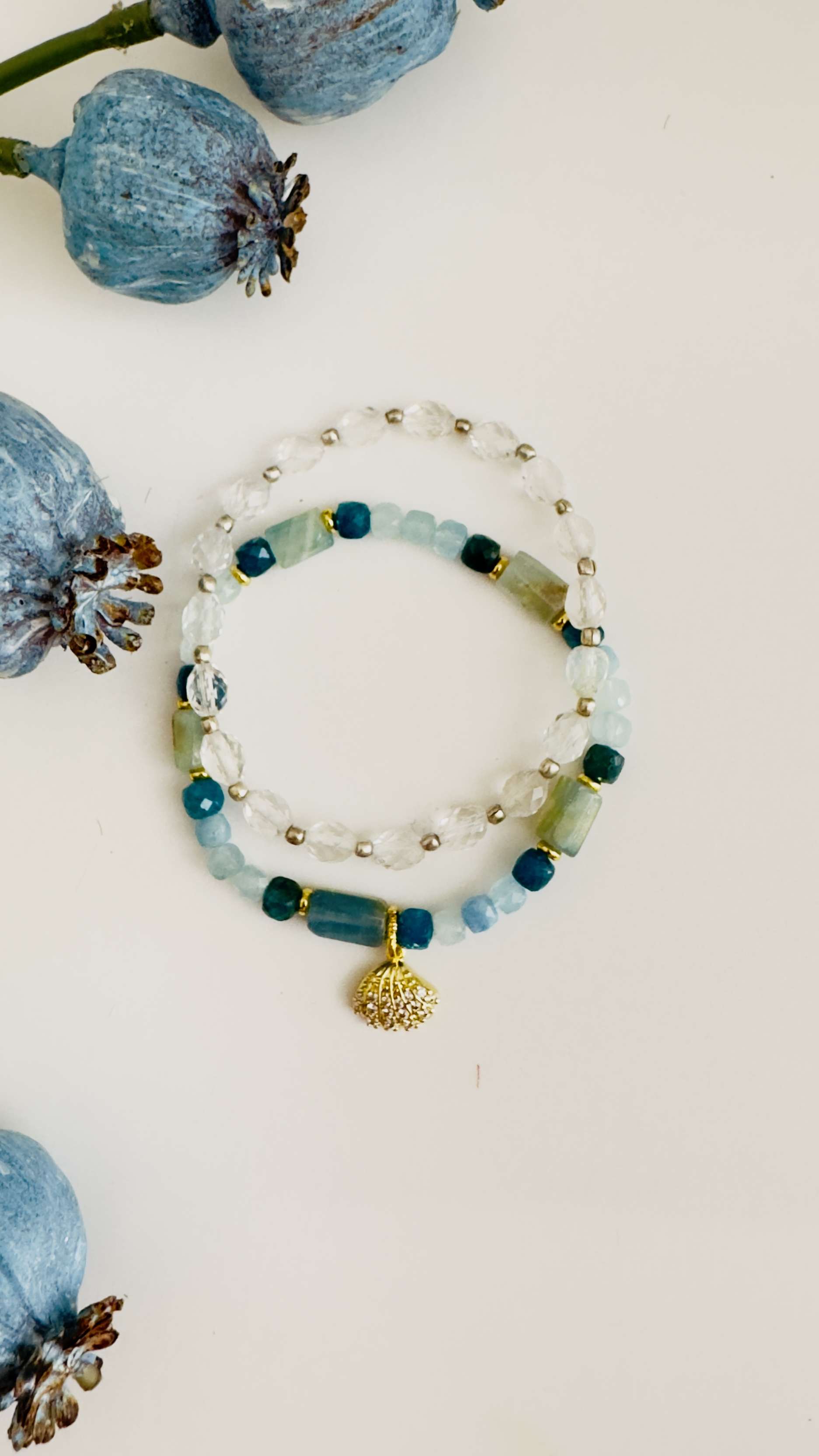 Double Bracelet with White Crystal Agate w/silver spacers Apatite w/aquamarine gold spacers with shell charm