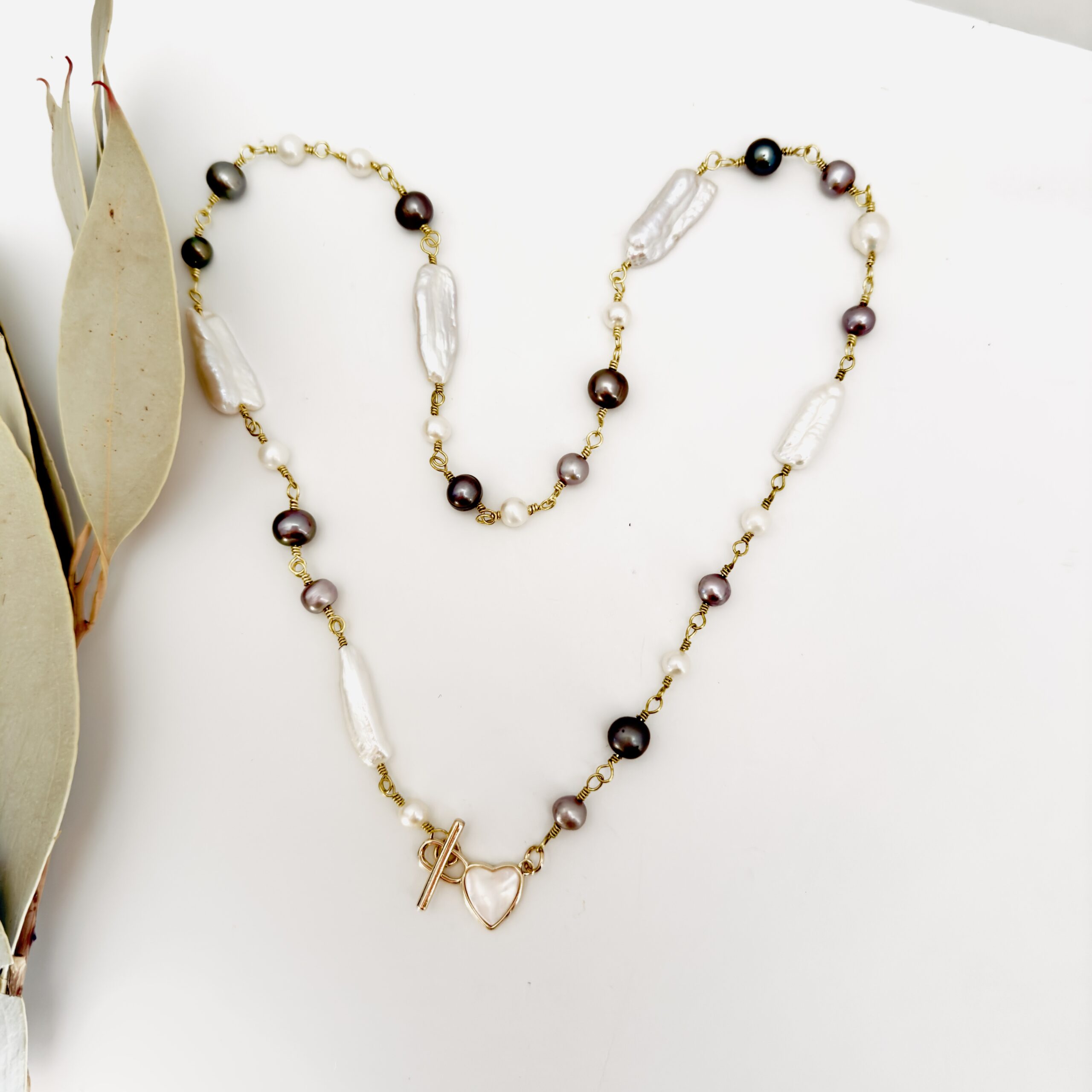 Freshwater Pearls - White & Gray with BIWA Pearls & Heart Clasp