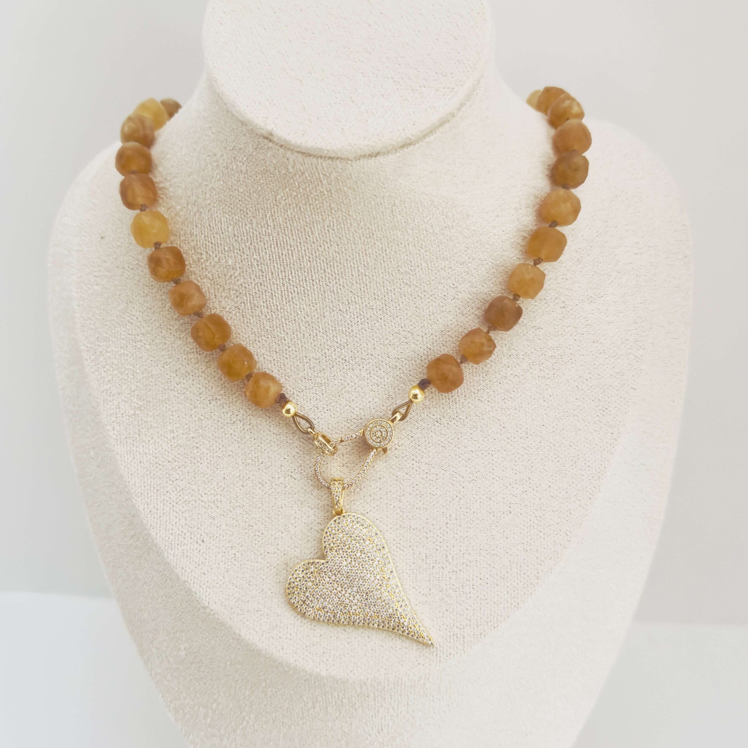 Citrine - silk knotted with micro pave clasp & Heart pendant