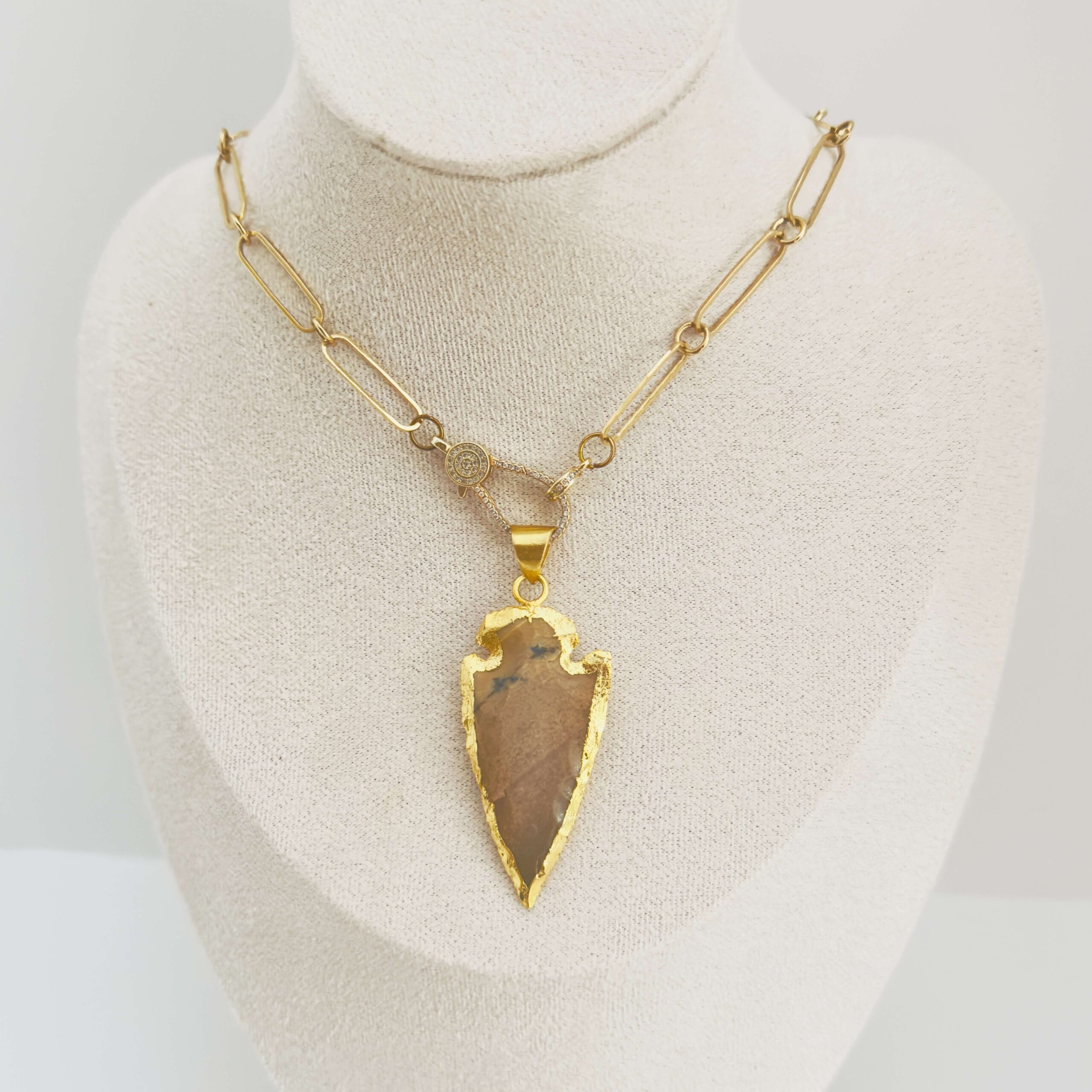 Paper clip chain with micro pave clasp & agate arrowhead pendant