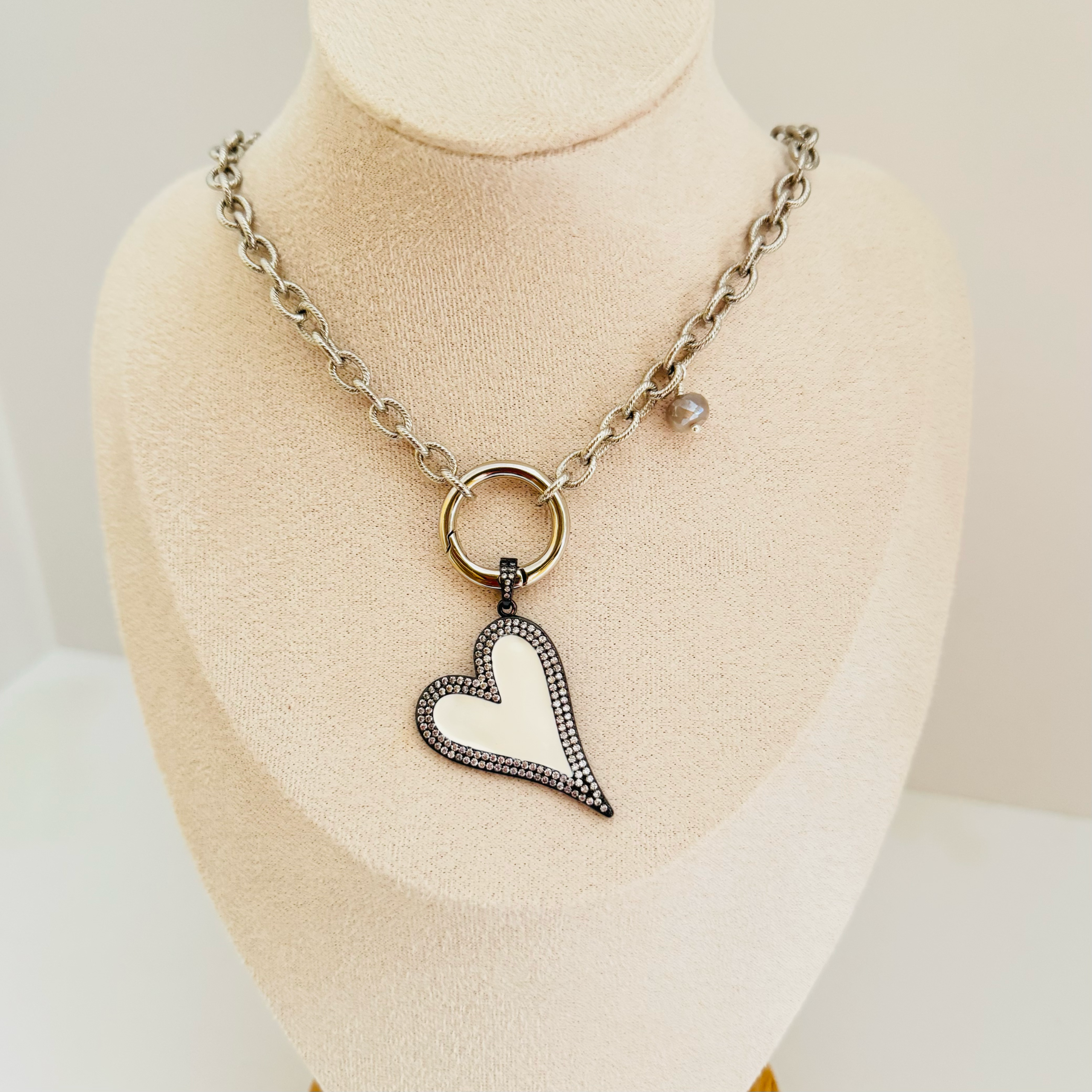 Silver Chain with White Enamel Heart, Moonstone on Side of Necklace